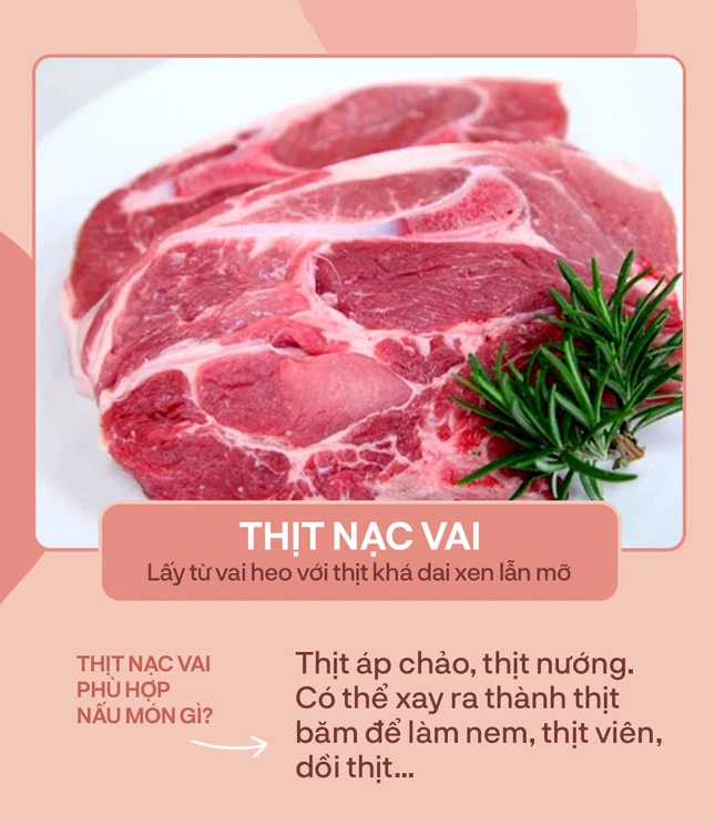 Thịt nạc vai dày, đầy đặn, có độ dai và giòn và tỷ lệ nạc mỡ cân bằng nhau