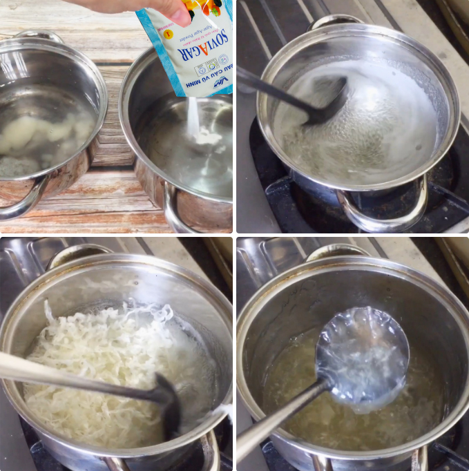 Lần lượt nấu bột rau câu và sợi rau câu