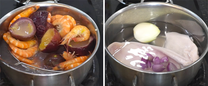 Luộc tôm và tai heo