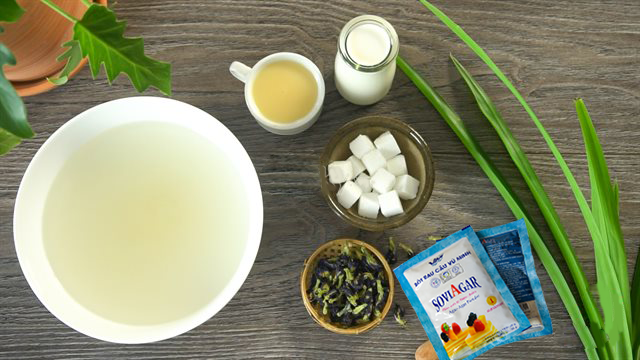 Nguyên liệu làm món rau câu bi dừa đậu biếc dừa hạt é từ bột rau câu Vũ Minh SoviAgar