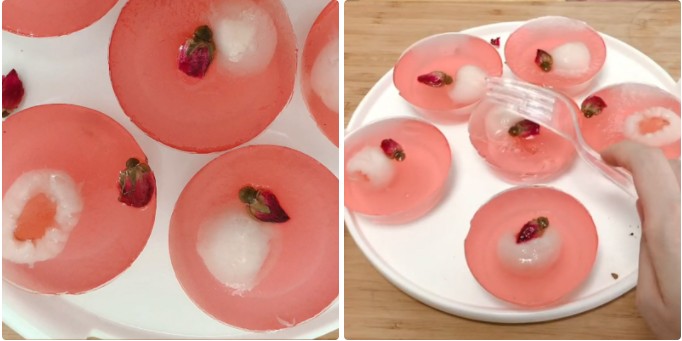 Thành phẩm món thạch rau câu hoa hồng vải tặng vợ nhân ngày 8/3