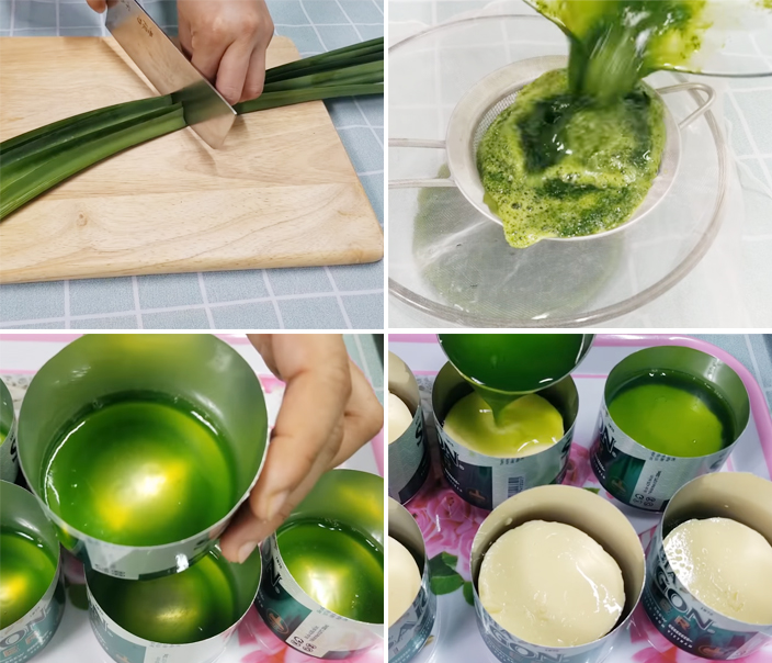 Nấu rau câu lá dứa sau đó đổ khuôn bánh flan rau câu