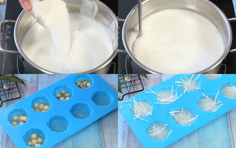 Nấu thạch và cho cho các “topping” vào từng ô