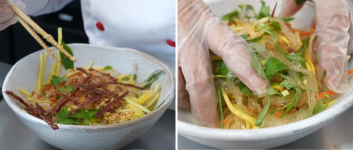 Trộn rau câu sợi cùng các nguyên liệu