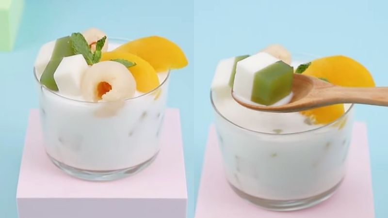 Sữa chua đào thạch vải lá dứa hấp dẫn