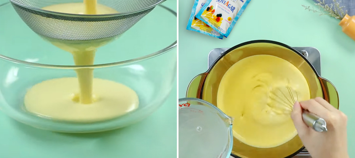 Lọc flan cheese qua rây rồi nấu cùng rau câu