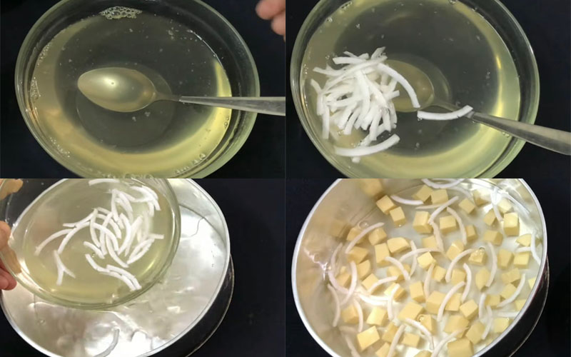 Đổ lớp rau câu flan, dừa sợi