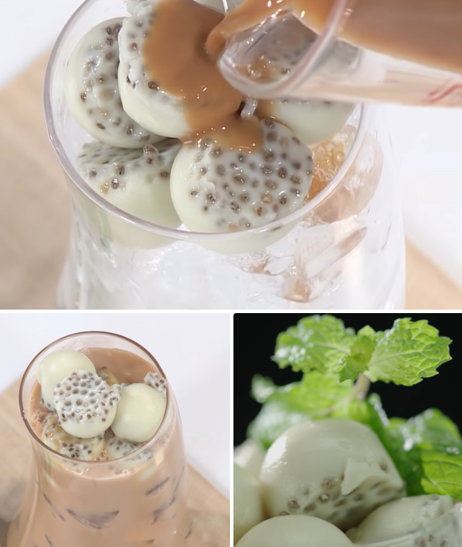 Hoàn thành món trà sữa thạch kem hạt chia