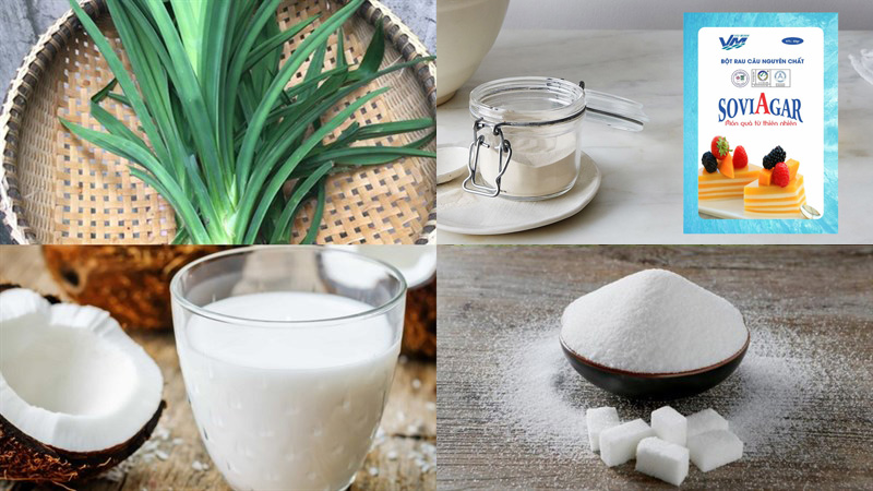 Một ssó nguyên liệu làm chè dừa non thạch lá dứa