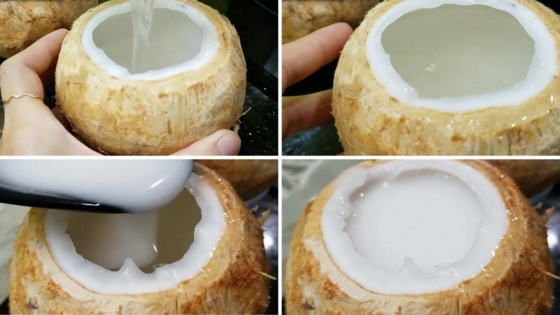 Cho hỗn hợp rau câu và nước cốt vào trái dừa
