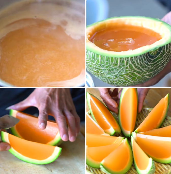 Nấu thạch, đổ thạch vào vỏ dưa lưới