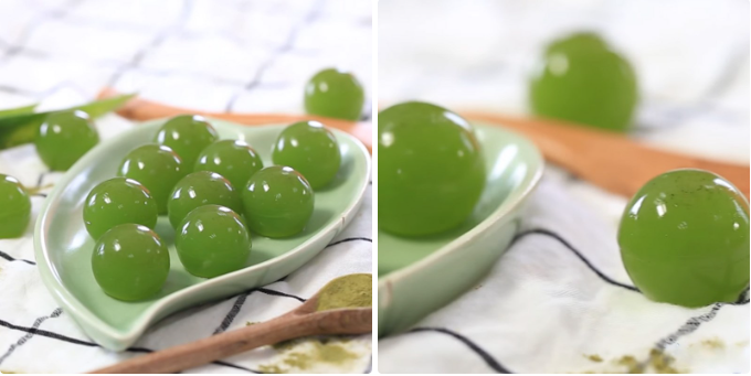 Thành phẩm thạch rau câu matcha viên bi Nhật Bản