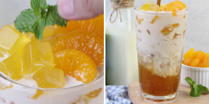 Thành phẩm trà sữa thạch cam từ bột rau câu giòn