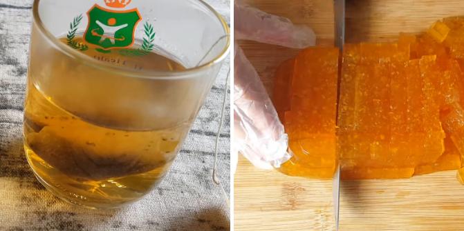 Pha trà và cắt nhỏ thạch đào