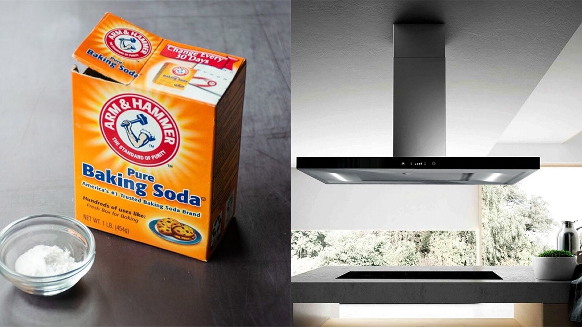 Dùng baking soda tẩy vết dầu mỡ dính trên máy hút mùi