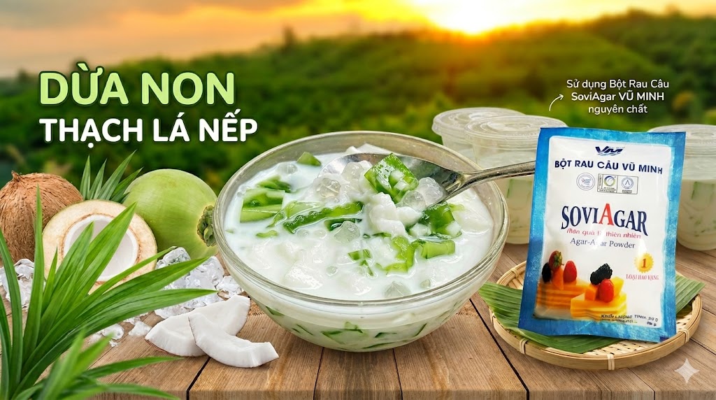 Dừa Non Thạch Lá Nếp Từ Bột Rau Câu Vũ Minh SoviAgar – Món Tráng Miệng Mát Lạnh
