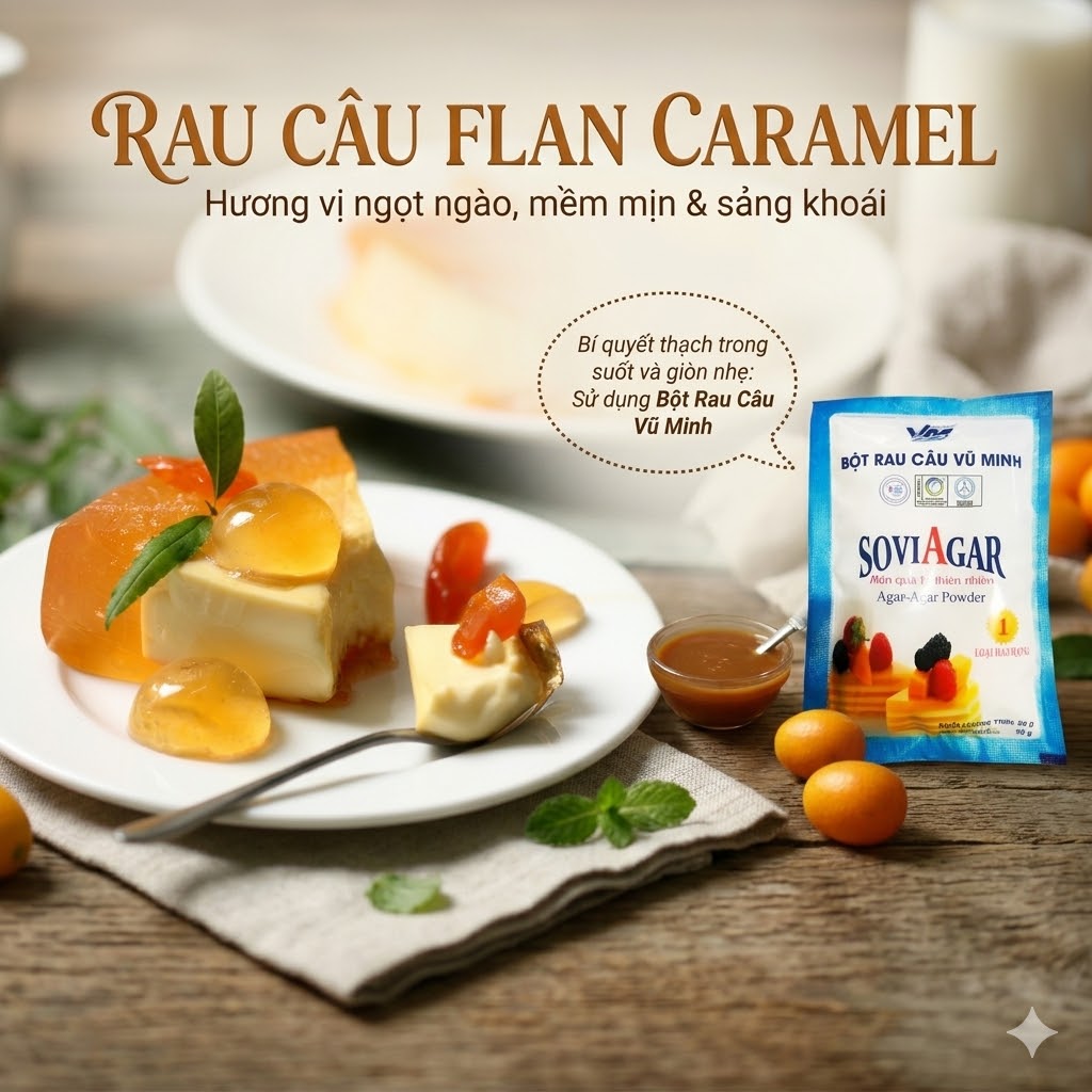 Rau Câu Flan Caramel Từ Bột Rau Câu Vũ Minh SoviAgar – Món Tráng Miệng Mềm Mịn Chinh Phục Mọi Thực Khách